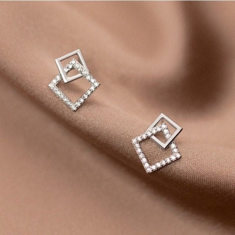 Silver Squares studs earrings CZ diamonds - Silver ECZ028 SS073